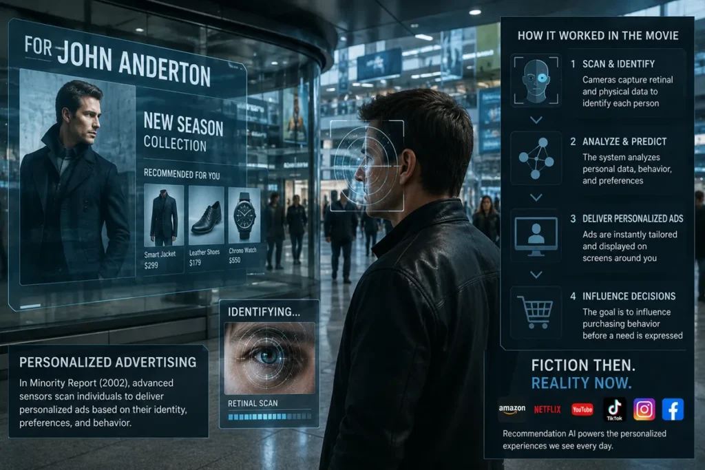 Concept illustration of Minority Report's personalized advertising system, showing biometric identification and AI-powered marketing displays in a futuristic shopping mall.