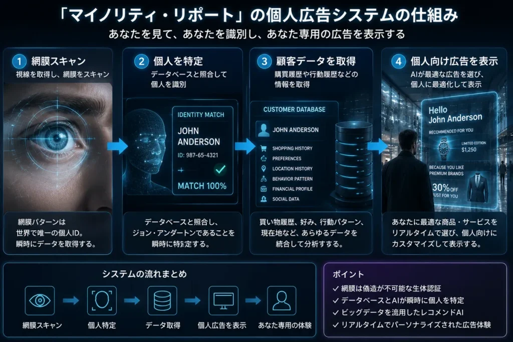 『マイノリティ・リポート』の個人広告システムを分解した概念図。網膜スキャンによる個人識別から顧客データ参照、レコメンドAIによる広告選択までの流れを示している。