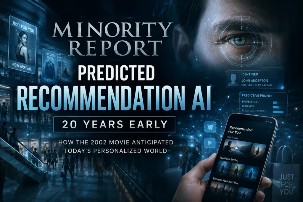 Futuristic personalized advertising system inspired by Minority Report, featuring biometric identification, AI-driven recommendations, and smartphone-based personalization.