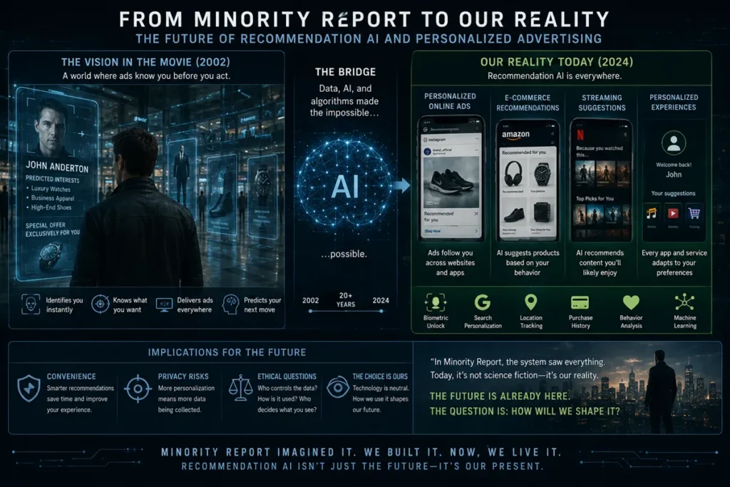 Comparison between Minority Report's futuristic advertising displays and today's smartphone-driven recommendation AI ecosystem, highlighting the evolution of personalized digital advertising.