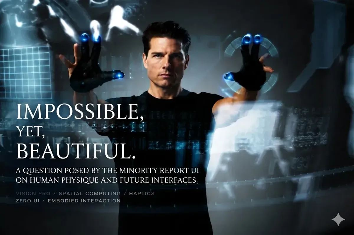 A cinematic futuristic interface inspired by Minority Report, showing a human figure controlling floating spatial data with dramatic hand gestures in a dark environment.