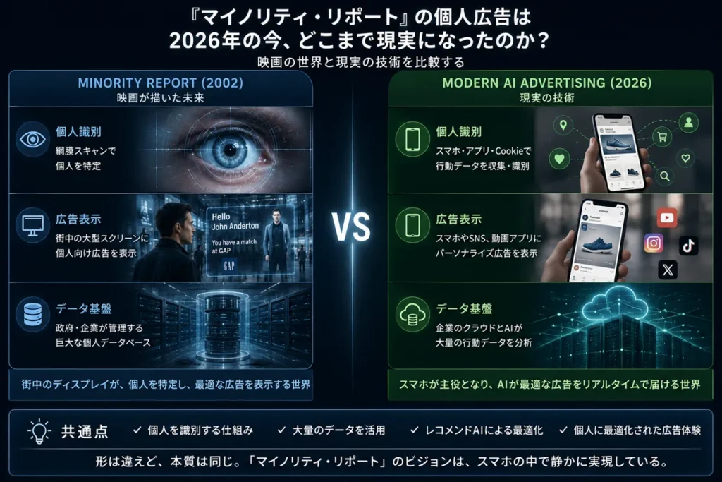 『マイノリティ・リポート』の個人広告システムと現代のAI広告技術を比較した図。映画の網膜認証や個人向け広告が、現在の生体認証、レコメンドAI、スマートフォン広告へ置き換わっていることを示している。
