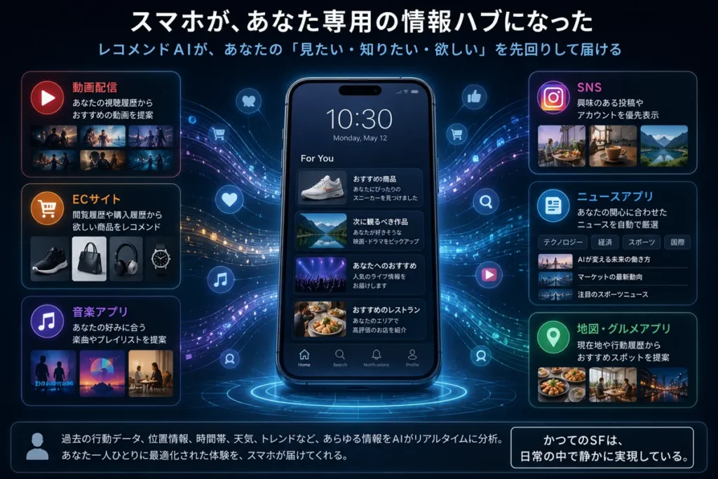 スマートフォンを中心に、動画配信、SNS、ECサイト、ニュース、地図サービスなどがレコメンドAIによって個人最適化される仕組みを表現したイメージ